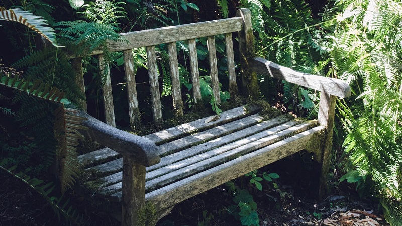 A worn-out wooden garden bench.